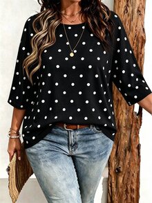 SHEIN CURVE+ Plus Size Women Casual Vintage Stripe Print Drop Shoulder T-Shirt - Multicolor - View 1
