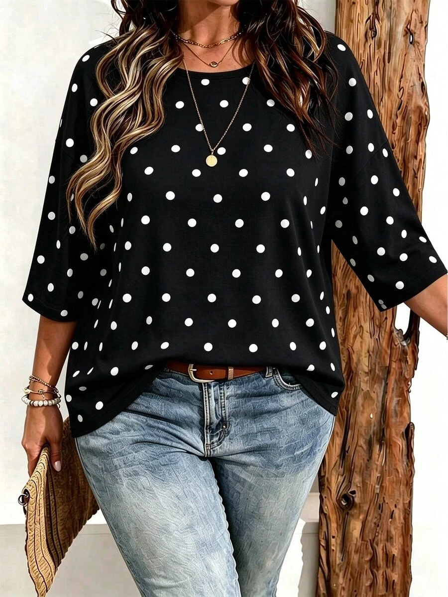 SHEIN CURVE+ Plus Size Women Casual Vintage Stripe Print Drop Shoulder T-Shirt - Multicolor - View 1