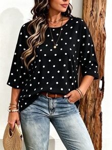SHEIN CURVE+ Plus Size Women Casual Vintage Stripe Print Drop Shoulder T-Shirt - Multicolor - View 3
