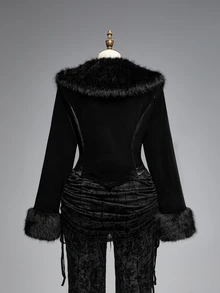 ROMWE Goth جاكيت مخملي بقصة ضيقة مقاس كبير بياقة فرو وتصميم باتشوورك مع ديكور برباط، إطلالة عطلات فاخرة بطراز قوطي ملكي - الأسود - مشاهدة 3