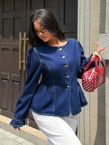 Rivivi 大尺碼修身顯瘦百搭荷葉袖牛仔上衣，秋冬新年穿搭，聖誕服飾 - 深色水洗藍 - 查看 1