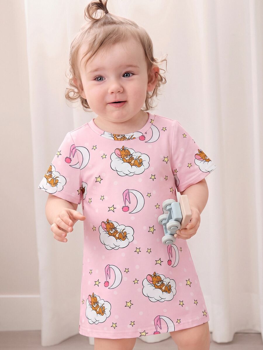 TOM & JERRY X SHEIN Baby Girl Cartoon Print Casual Daily Home Sleep Dress - Pink - View 1