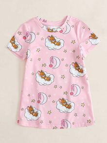 TOM & JERRY X SHEIN Baby Girl Cartoon Print Casual Daily Home Sleep Dress - Pink - View 2