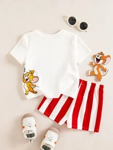 TOM & JERRY X SHEIN 2pcs Baby Boy Summer Cute Cartoon Cat Print Round Neck Short Sleeve T-Shirt And Shorts Set - Red and White - View 3