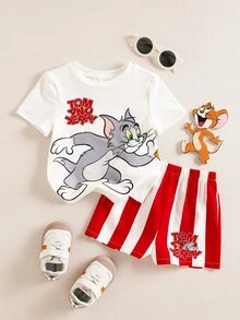 TOM & JERRY X SHEIN 2pcs Baby Boy Summer Cute Cartoon Cat Print Round Neck Short Sleeve T-Shirt And Shorts Set - Red and White - View 2