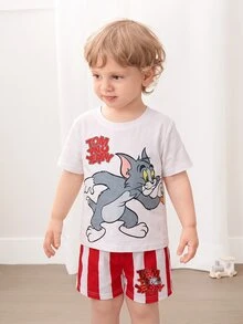 TOM & JERRY X SHEIN 2pcs Baby Boy Summer Cute Cartoon Cat Print Round Neck Short Sleeve T-Shirt And Shorts Set - Red and White - View 1