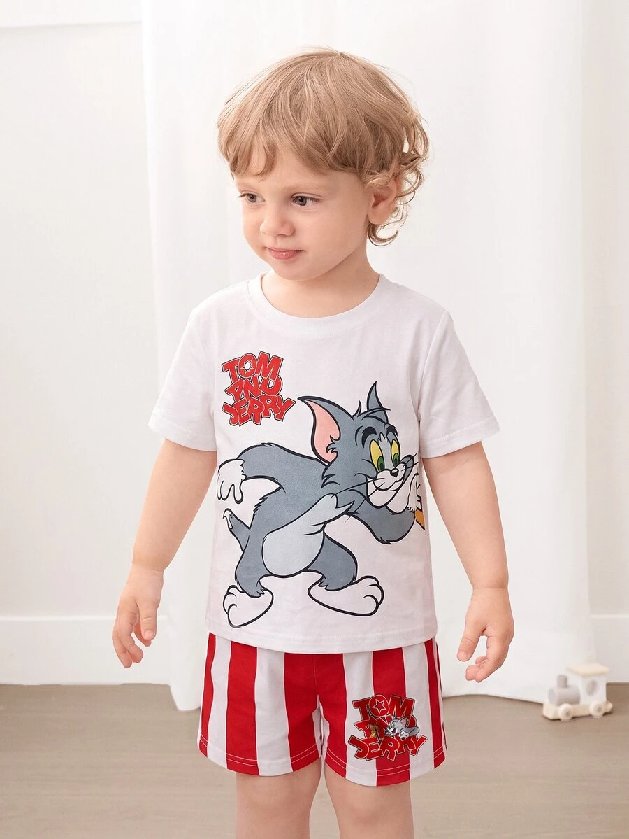 TOM & JERRY X SHEIN 2pcs Baby Boy Summer Cute Cartoon Cat Print Round Neck Short Sleeve T-Shirt And Shorts Set - Red and White - View 1