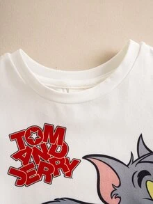 TOM & JERRY X SHEIN 2pcs Baby Boy Summer Cute Cartoon Cat Print Round Neck Short Sleeve T-Shirt And Shorts Set - Red and White - View 5