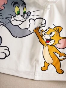 TOM & JERRY X SHEIN 2pcs Baby Boy Summer Cute Cartoon Cat Print Round Neck Short Sleeve T-Shirt And Shorts Set - Red and White - View 6