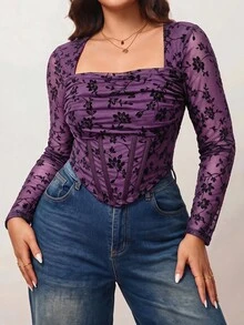 Enliva Plus Size Women's Short Sleeve T-Shirt Top, Flocked Floral Pattern Waist Fitted Top, For Pear And Triangle Body Shape - Purple - View 5