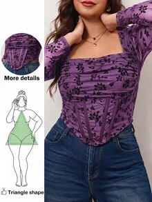 Enliva Plus Size Women's Short Sleeve T-Shirt Top, Flocked Floral Pattern Waist Fitted Top, For Pear And Triangle Body Shape - Purple - View 1