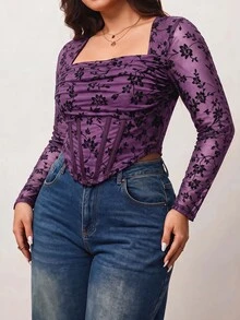 Enliva Plus Size Women's Short Sleeve T-Shirt Top, Flocked Floral Pattern Waist Fitted Top, For Pear And Triangle Body Shape - Purple - View 4