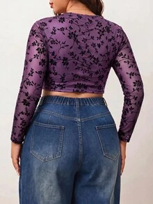 Enliva Plus Size Women's Short Sleeve T-Shirt Top, Flocked Floral Pattern Waist Fitted Top, For Pear And Triangle Body Shape - Purple - View 2