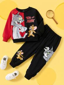 TOM & JERRY X SHEIN 2件套男童休闲卡通动物印花撞色卫衣和运动裤套装，春秋季 - 黑色 - 查看 2