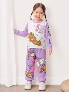 TOM & JERRY X SHEIN Young Girl Cartoon Print Long Sleeve Top And Pants Loungewear Set - Mauve Purple - View 1
