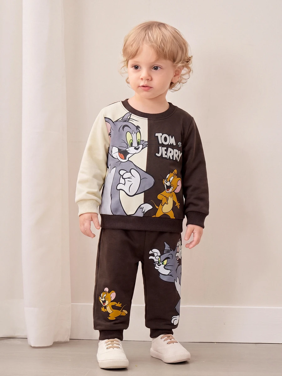 TOM & JERRY X SHEIN Baby Boy 2pcs/Set Cartoon Cat & Mouse Print Contrast Color Sweatshirt And Pants, Suitable For Autumn/Winter - Brown - View 1