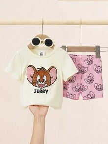 TOM & JERRY X SHEIN 女婴卡通刺绣短袖T恤套装 - 彩色 - 查看 4