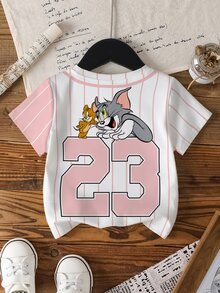 TOM & JERRY X SHEIN Young Girl Summer Casual Colorblock Striped Cartoon Print T-Shirt - White - View 3