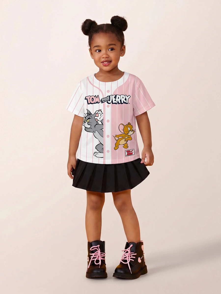 TOM & JERRY X SHEIN Young Girl Summer Casual Colorblock Striped Cartoon Print T-Shirt - White - View 1