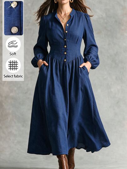 Linhara CURVE Plus Size Women's New Dark Blue Spring/Autumn Fitted Long Sleeve Dress, Button Neckline Design, Elegant French Style, Suitable For Various Occasions, Showcasing Exquisite Elegant. This Dress Can Be Used As Women's Elegant Dress, Casual Dress, Party Elegant Dress, 2K Style Dress, Women's Commuter Outfit, Women's Office Wear And Women's