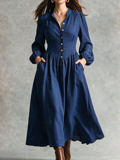 Linhara CURVE Plus Size Women's New Dark Blue Spring/Autumn Fitted Long Sleeve Dress, Button Neckline Design, Elegant French Style, Suitable For Various Occasions, Showcasing Exquisite Elegant. This Dress Can Be Used As Women's Elegant Dress, Casual Dress, Party Elegant Dress, 2K Style Dress, Women's Commuter Outfit, Women's Office Wear And Women's