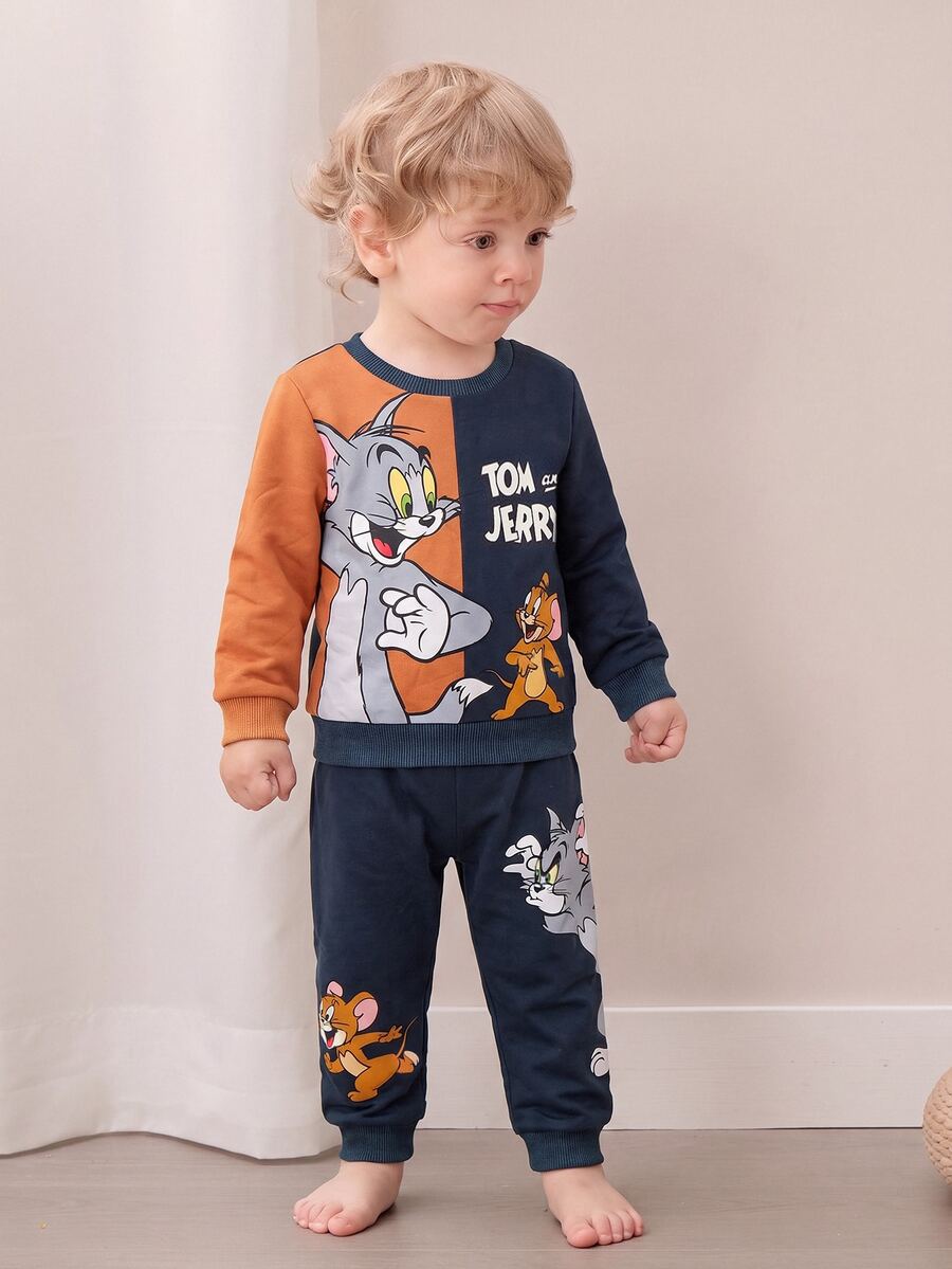 TOM & JERRY X SHEIN 2pcs Baby Boy Cartoon Sports Casual Style Cute Cat & Mouse Print Patchwork Sweatshirt And Pants Set, Suitable For Spring, Autumn And Winter Fall - Blue - View 1