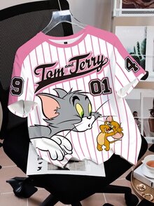 TOM & JERRY X SHEIN 女士休闲条纹卡通印花T恤，夏季 - 白色 - 查看 2