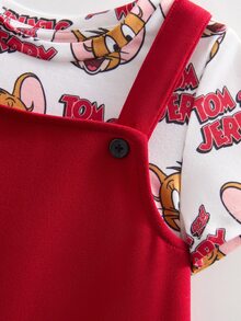 TOM & JERRY X SHEIN Baby Girl Allover Print Short Sleeve T-Shirt And Mouse Print Suspender Dress 2-Piece Set - Red - View 5