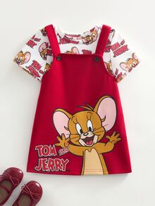 TOM & JERRY X SHEIN Baby Girl Allover Print Short Sleeve T-Shirt And Mouse Print Suspender Dress 2-Piece Set - Red - View 2