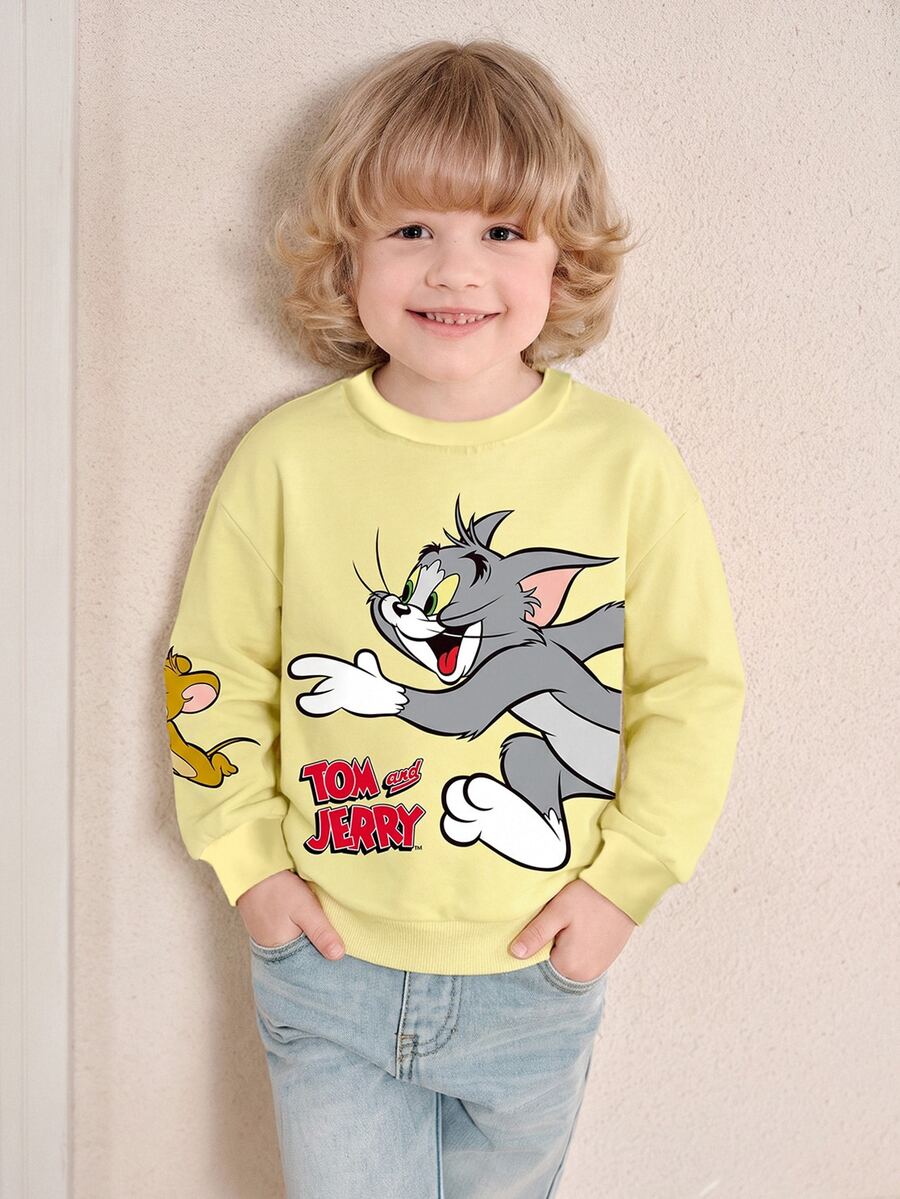 TOM & JERRY X SHEIN Young Boy Cartoon Print Crew Neck Long Sleeve Casual Sweatshirt - White - View 1
