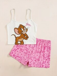 TOM & JERRY X SHEIN Women's Cartoon Print Camisole & Shorts Pajama Set - White - View 2