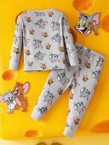 TOM & JERRY X SHEIN Baby Boy Cartoon Pattern Long Sleeve Top And Pants Pajama Set - Grey - View 3