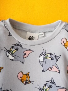 TOM & JERRY X SHEIN Baby Boy Cartoon Pattern Long Sleeve Top And Pants Pajama Set - Grey - View 4