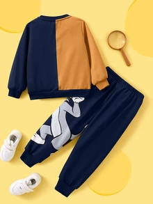 TOM & JERRY X SHEIN Young Boy 2pcs Cartoon Cat & Mouse Print Splice Color Sweatshirt And Pants Set - Multicolor - View 3