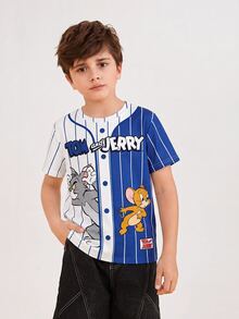 TOM & JERRY X SHEIN Kaos Anak Laki-Laki Remaja Musim Panas Kasual Warna Blok Garis-Garis Bergambar Kartun - Putih - View 1