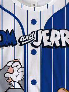 TOM & JERRY X SHEIN Kaos Anak Laki-Laki Remaja Musim Panas Kasual Warna Blok Garis-Garis Bergambar Kartun - Putih - View 5