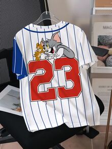TOM & JERRY X SHEIN Kaos Anak Laki-Laki Remaja Musim Panas Kasual Warna Blok Garis-Garis Bergambar Kartun - Putih - View 3