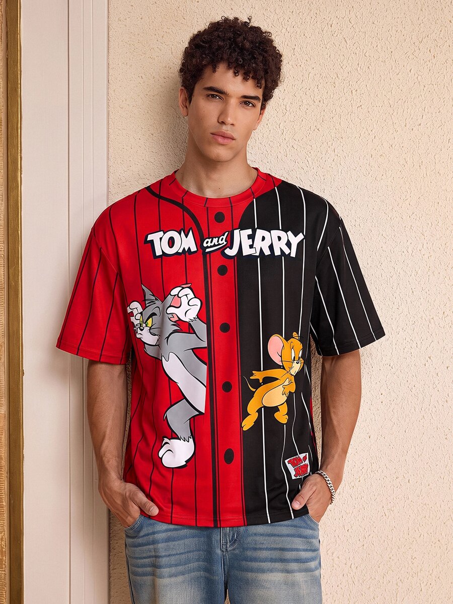TOM & JERRY X SHEIN Men's Cartoon Print Loose Casual Short Sleeve T-Shirt - White - View 1