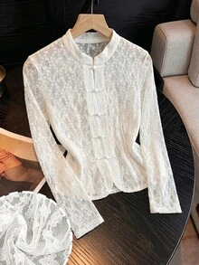 Modelyn Spring/Summer Lace Frog Button Gentle Dating Tea Party Elegant Fashion Versatile Slimming Women's Blouse White With Frog Fastening - Apricot - View 9