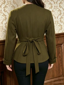 Auvina French Vintage Waist-Cinched Wool Blazer, Frill Trim V-Neck Double-Breasted Gold Button Slimming Short Jacket - Green - View 2