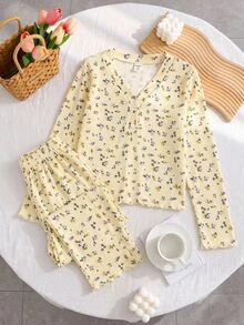 SHEIN Tween Girl 秋季/冬季休閒鈕扣半開襟長袖針織羅紋碎花套頭上衣與配套長褲 2 件套居家服，淡黃色 - 黃色 - 查看 8