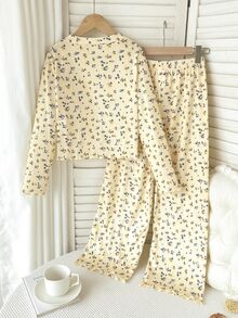 SHEIN Tween Girl 秋季/冬季休閒鈕扣半開襟長袖針織羅紋碎花套頭上衣與配套長褲 2 件套居家服，淡黃色 - 黃色 - 查看 2