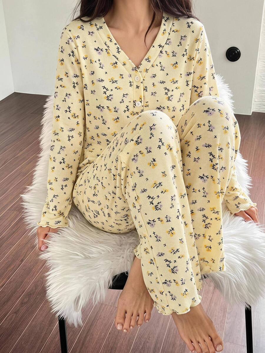 SHEIN Tween Girl 秋季/冬季休閒鈕扣半開襟長袖針織羅紋碎花套頭上衣與配套長褲 2 件套居家服,淡黃色 - 黃色 - 查看 1