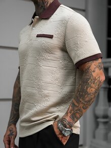 Manfinity Homme قميص بولو رجالي عتيق بنقش جاكار بارز وألوان متباينة مع جيب ونقوش خفية، كاجوال بأكمام قصيرة وياقة متباينة وقصة فضفاضة، لوحة بنية، رسمي - كاكي - مشاهدة 4