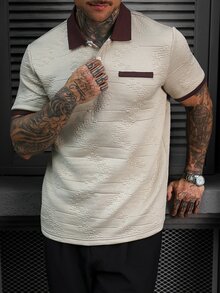 Manfinity Homme قميص بولو رجالي عتيق بنقش جاكار بارز وألوان متباينة مع جيب ونقوش خفية، كاجوال بأكمام قصيرة وياقة متباينة وقصة فضفاضة، لوحة بنية، رسمي - كاكي - مشاهدة 5