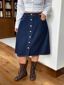 Rivivi 女款大尺碼深藍色修身牛仔直筒中長裙，前開鈕扣，秋冬款，水手造型 - 深色水洗藍 - 查看 8