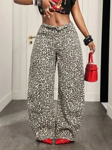 Slaydiva Women's Leopard Print Curved Leg Wide Leg Loose Casual Denim Jeans,Fall/Winter,Animal Print,Christmas Clothes - Brown - View 8