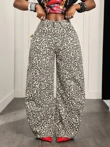 Slaydiva Women's Leopard Print Curved Leg Wide Leg Loose Casual Denim Jeans,Fall/Winter,Animal Print,Christmas Clothes - Brown - View 4