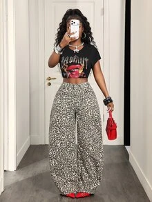 Slaydiva Women's Leopard Print Curved Leg Wide Leg Loose Casual Denim Jeans,Fall/Winter,Animal Print,Christmas Clothes - Brown - View 7