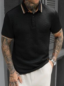 Manfinity Homme 男士高級紋理壓紋 Polo 衫，黑色對比飾邊皮革貼片休閒百搭 Polo 衫，正式款 - 黑色 - 查看 1